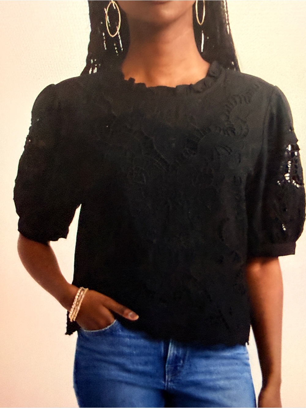 Treasure & Bond Black Cutwork Puff Sleeve Linen Blouse EUC